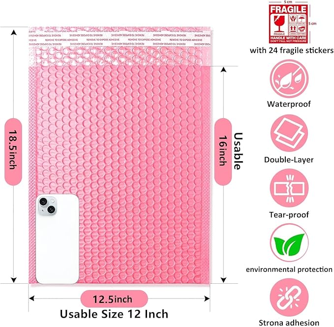 Large Bubble Mailers 12x18'' 100 Pack and 24PCS Fragile Stickers Pink Thick Waterproof Padded Poly Envelopes Bubble Wrap Mailers Self Seal Shipping Bag for Small Business Shipping Envelope Mailers #5