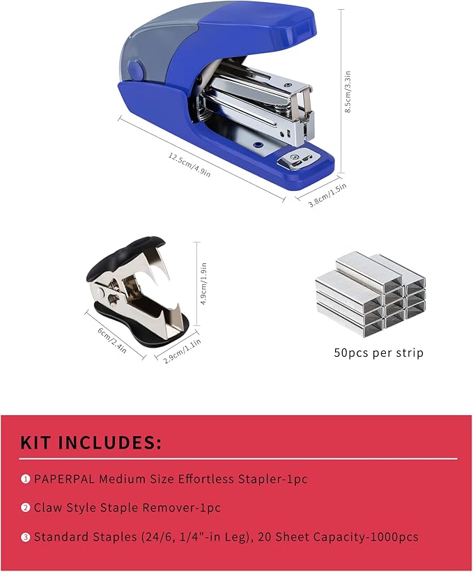 PAPERPAL Effortless Standard Stapler Set, 20 Sheet Capacity, Half Strip with Built-in Staples Storage, Includes 1000 pcs 1/4“ Staples & A Staple Remover, for Office, School & Personal Use, Dark Blue