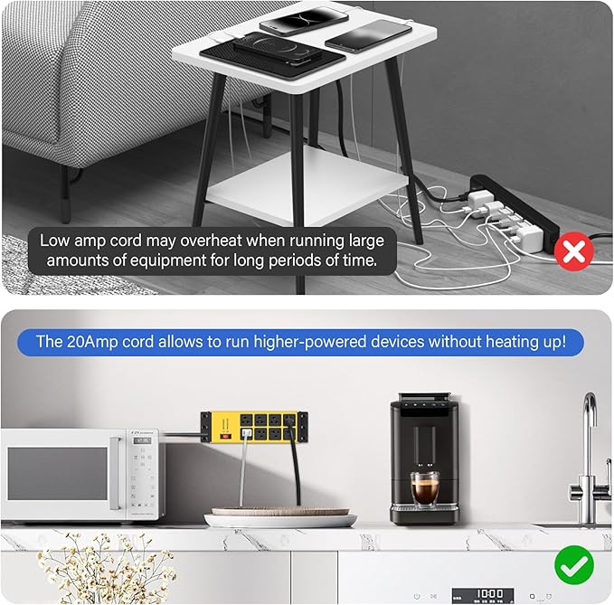 CCCEI Magnetic Heavy Duty Power Strip Surge Protector 20Amp, 12 Gauge High Amp Extension Outlets, Garage Wall Mount 8 Plug Metal Power Strip. 6FT, Yellow, 5-15P Adapter 6-20R T-Slot 20a for Appliance