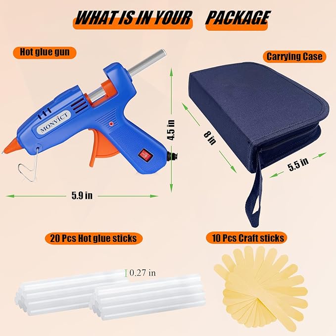 MONVICT Hot Glue Gun Kit, Mini Glue Gun with Carrying Case,20 Pcs Premium Glue Sticks, 10 Pcs Wood Craft sticks, Fast Preheating Hot Melt Glue Gun for School Crafts DIY Arts Gift (Blue, 30Watts)