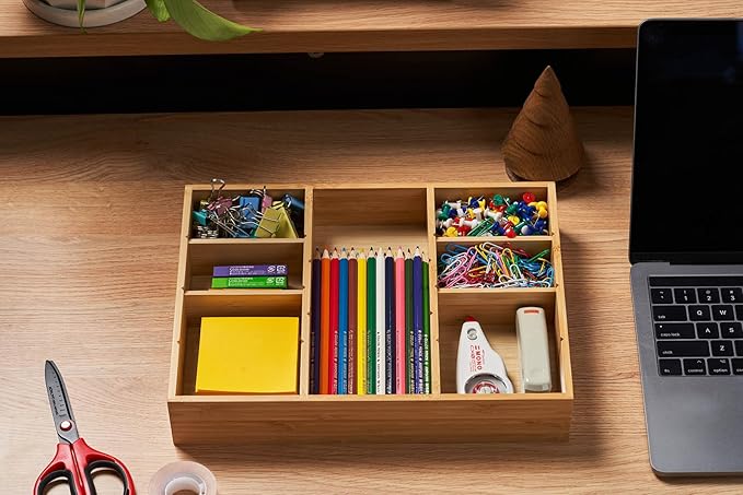 Umilife Desk Drawer Organizer, Bamboo Wood Organizer Tray with Adjustable Compartments, Office Desk Accessories Supplies Organization Storage, 12" x 9"