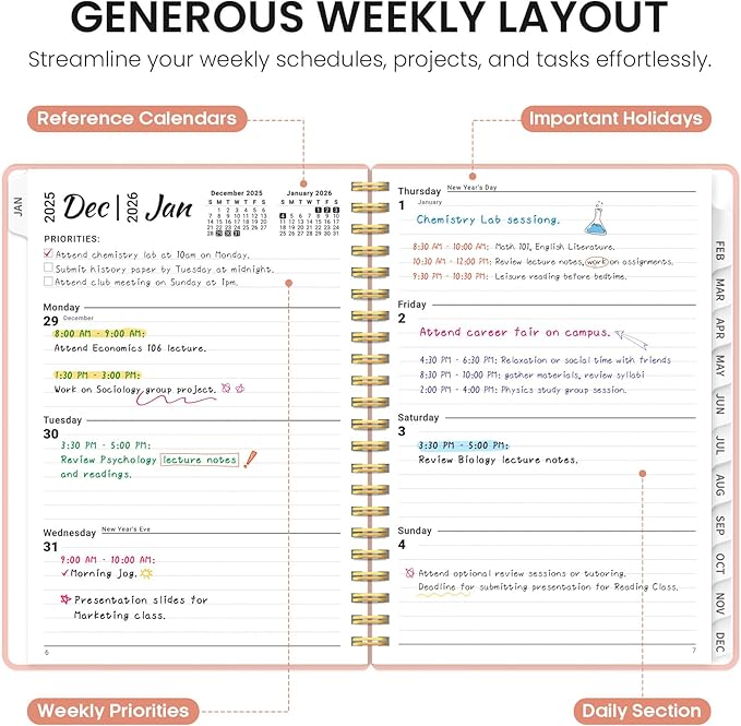 2026 Planner, Weekly and Monthly Calender Planner, Jan 2026 to Dec 2026, Hardcover 2026 Calendar Planner Book with Tabs & Inner Pocket, Office Home School Supplies for Women & Men - A4 (8.5" x 11"), Pink