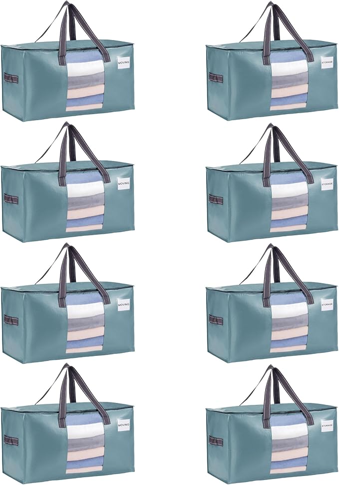 VENO 8 Pack Moving Bags, Comforter and Blanket Storage Bags for Closet, Moving Boxes, Boxes with Lids Alternative, College Dorm Packing Supplies, Foldable Heavy-Duty Tote (Shiny Light Blue, 8 Pack)