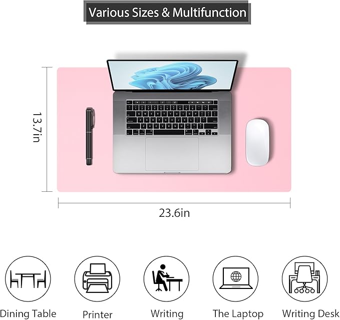 Roslim Leather Desk Pad Protector,Mouse Pad,Non-Slip Computer Mat for Desk,PU Leather Office Desk Mat for Home & Office,Waterproof Laptop Desk Blotter Pad for Keyboard and Mouse,Pink (13.7''X23.6'')