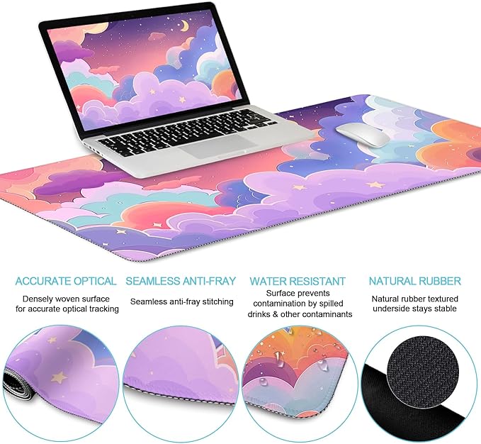 Purple Mouse Pad Large Desk Mat Set, Kawaii Clouds Ergonomic Mouse Pad with Wrist Rest Keyboard Wrist Support XXL Mousepad Cup Coaster Set, Cute Purple Office Desk Accessories Decor Supplies
