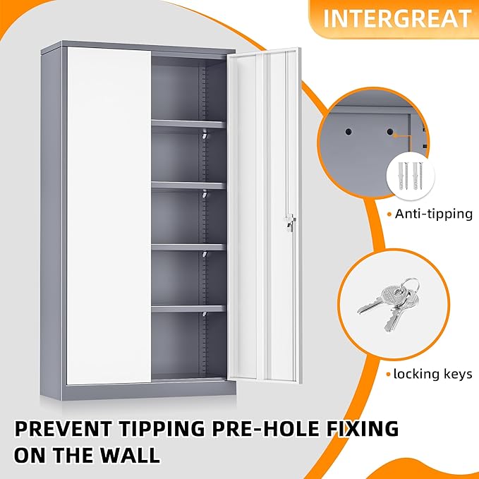 INTERGREAT Garage Storage Cabinets with Doors and Shelves,72" Grey White Steel Tool Locking Cabinet, Metal Storage Cabinet for Home Office, Warehouse, School