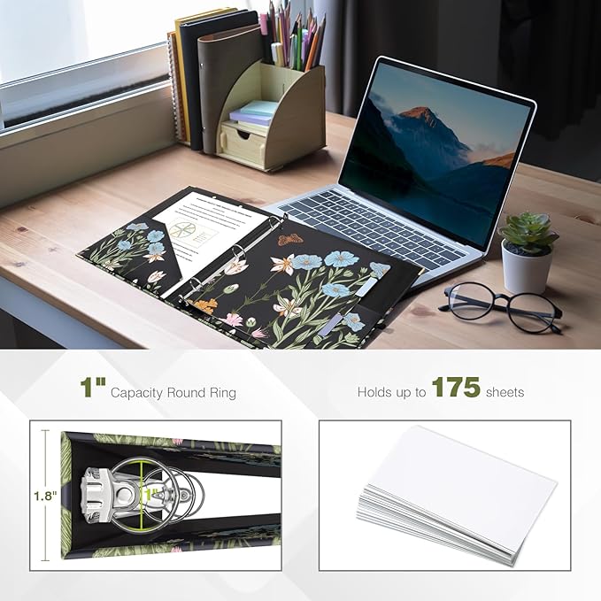 Ospelelf Binder 3 Ring 1 Inch, Floral Round Ring Clipboard Binder for Letter Size with 5 Tab Dividers, File Folder Labels, for School and Office Supplies