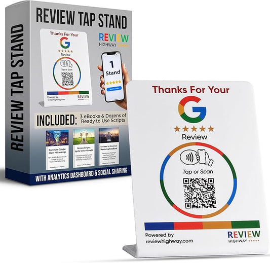NFC Tap Stand (1-Pack) by Review Highway - Compatible with Google Reviews - NFC Tap & QR Scan for Instant Reviews - Boost SEO - iPhone/Android Compatible – Reusable and Zappy Fast (White, 1 Stand)