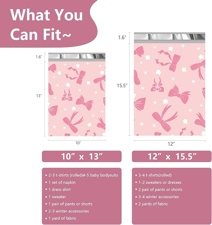 Poly Mailers 12x15.5 Inch 50 Pcs - Pink Bow printed Shipping Bags, 2.4mil Thickness, Waterproof and Tear Resistant Mailing Envelopes, Self-Sealing Packaging Bags for Small Business