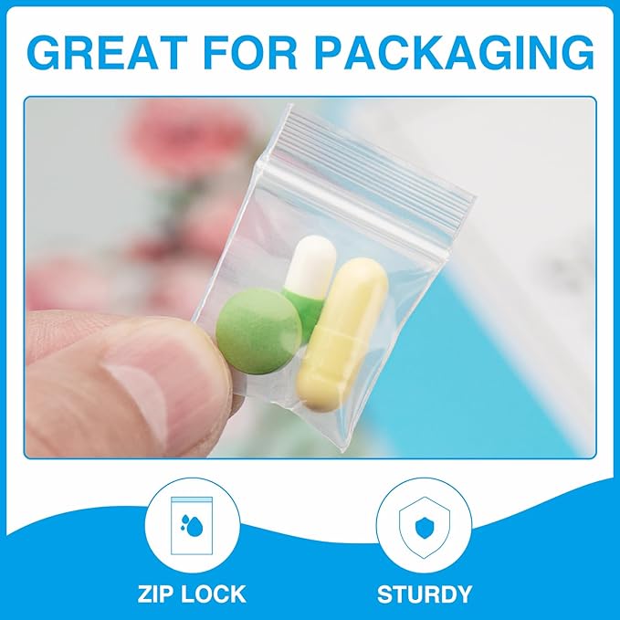 300pcs 1" x 1" Plastic Zip Bags, 2 mil Thick, Clear Small Pill Bag, Mini Zip Baggies, Reclosable Zipper Poly Bag for Travel, Storage, Packaging