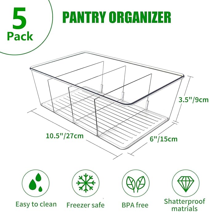 5 Pack Pantry Organizers and Storage,4 compartment Snack Containers for Kitchen,Fridge,Refrigerator Organization and Storage,Clear Plastic Bins for Spice,Tea bag,Seasoning organizer