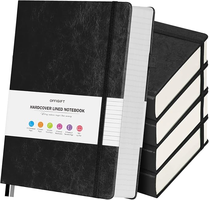 5 Pack College Ruled Notebook, 312 Numbered Pages Thick Notebooks Bulk, 100gsm No Bleed Paper Hardcover Leather Journal, Lined Journal Notebook Set for Women Men School Office, A5, Black
