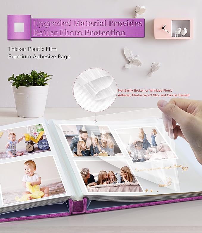 Photo Album Self Adhesive Scrapbook Album for 3x5 4x6 5x7 8x10 Pictures,40 Pages Linen Cover with Display Window DIY Photo Book,Ideal Gifts for Family Travel Wedding Baby