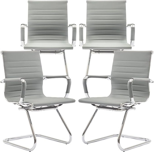 Office Desk Chair No Wheels Set of 4 PU Leather Computer Chairs Mid Back Guest Chairs for School Reception Conference Waiting Room, Grey