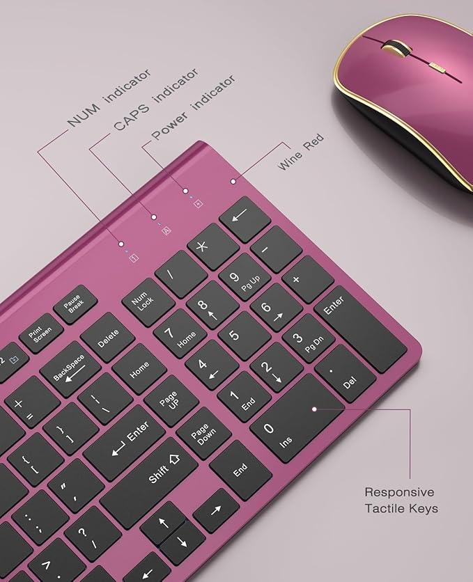 Wireless Keyboard Mouse Combo,J JOYACCESS 2.4G Compact and Ultra Slim Wireless Keyboard and Mouse for Windows, Computer, Desktop, PC, MacBook Air, Laptop-Wine Red