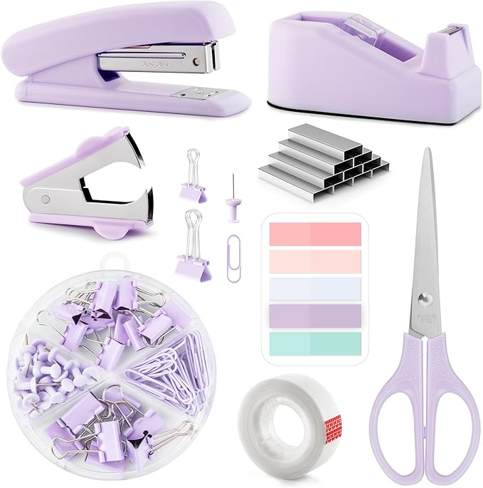 Purple Office Supplies, Office Supplies and Accessories, Office Desk Set with Stapler, Tape Dispenser, Staple Remover, Clips and Scissors for Women, Boss Lady, Coworkers, Desk Caddy, Office Clerks
