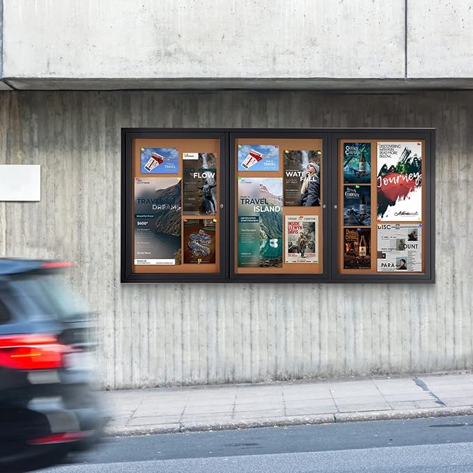 Enclosed Bulletin Board Outdoor Noticeboard with Locking Door, Weather-Resistant, Cork, Black Aluminum Frame, 70 x 36 in