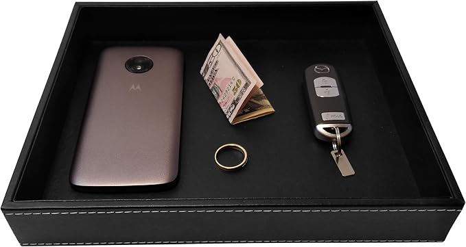 ULTRAY, Valet Tray, Desk Tray, Key Bowl, Nightstand Organizer for Men, Black PU Leather, 10.3 x 8.3 x 1.6 inches