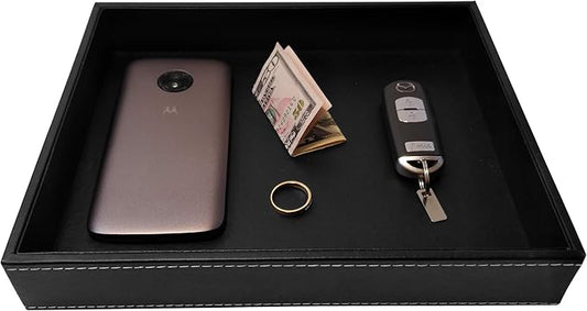 ULTRAY, Valet Tray, Desk Tray, Key Bowl, Nightstand Organizer for Men, Black PU Leather, 10.3 x 8.3 x 1.6 inches