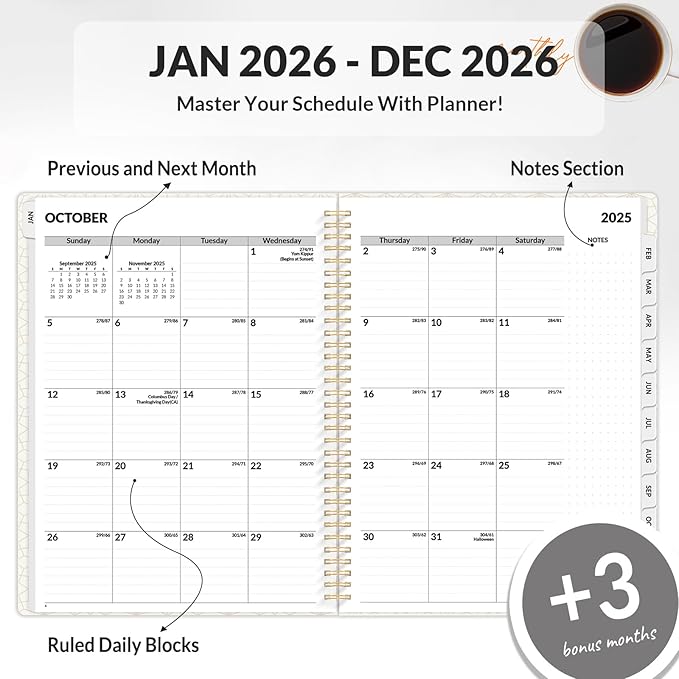 SUNEE Planner 2026 Weekly and Monthly, January 2026-December 2026, 8.5"x11", Tabs, Note Pages,Spiral Binding, Black