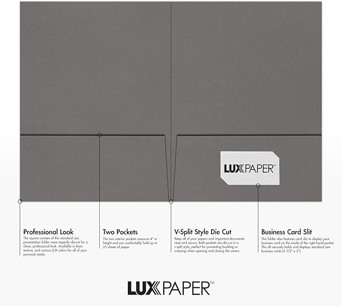 LUXPaper 9" x 12" Presentation Folders | Two Pocket | Smoke Gray | 100lb. Cover | 25 Qty