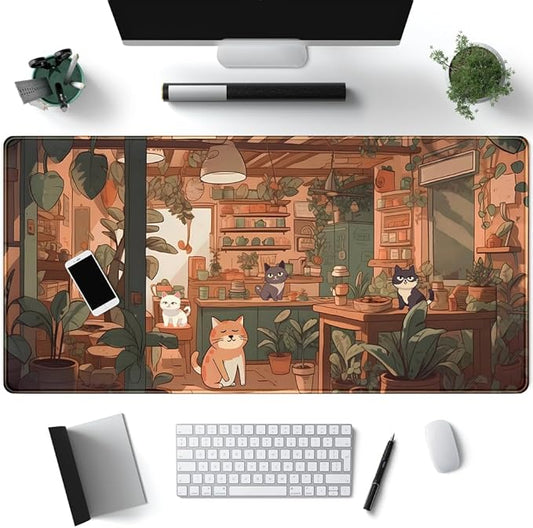 Rown Cute Cat & Puppy Mouse Pad - Green, Bonsai Aesthetic, XXL 31.5x15.7 in Desktop & Laptop Keyboard Pad for Office & Home