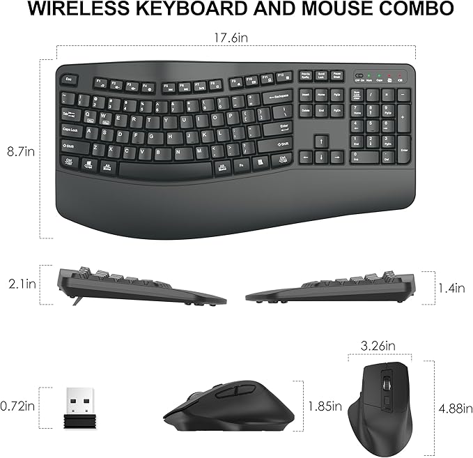 Wireless Keyboard and Mouse Combo, 2.4G Full Size Wave Keys Ergonomic Keyboard with Wrist Rest and 3-Level DPI Adjustable Wireless Ergonomic Mouse for Windows, Mac OS Desktop/Laptop/PC(Graphite)