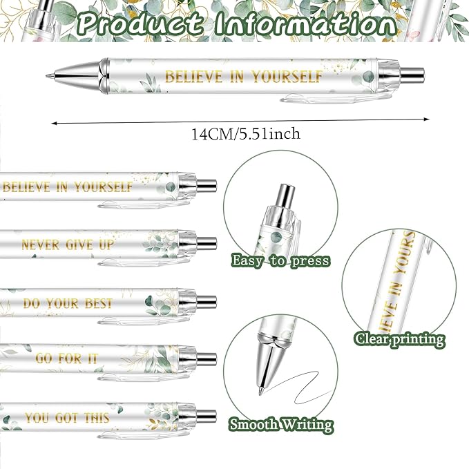 10PCS Inspirational Ballpoint Pen Green Eucalyptus Leaves Ballpoint Pen Employee Appreciation Gift Bulk Motivational Pens Black Ink Pens Set for School Teacher Office Employee Party Favors