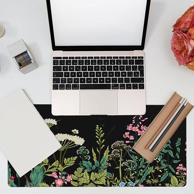 Large Gaming Mouse Pad for Desk,Wildflowers Night Desk Mat,Wild Floral Flower Desk Pad,Extended Big Computer Keyboard Mouse Pad with Non-Slip Base and Stitched Edge,35.4"x15.7"