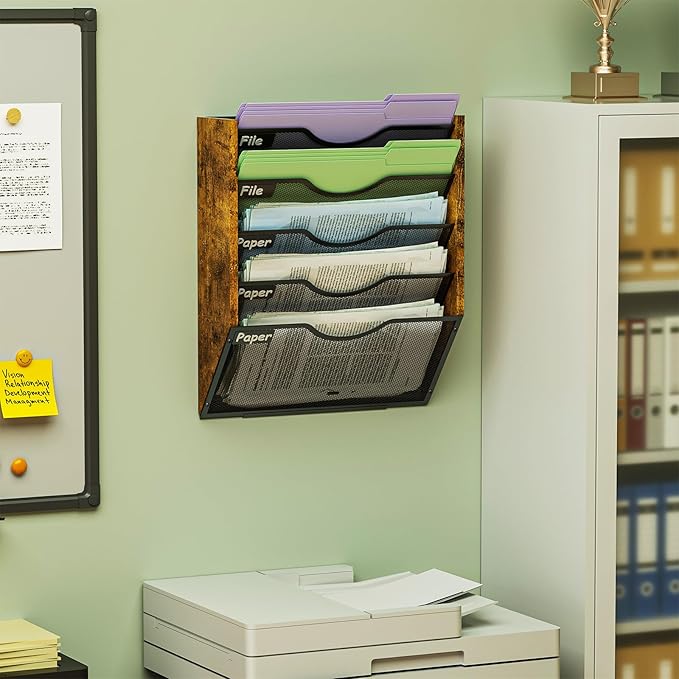 Ironwood Hanging Wall File Organizer, 5 Pocket Mesh Mail Organizer Wall Mounted with Nametag Label, Wall File Holder for Office Home School, Magazine Rack for Mail Paper Document Organization, Black
