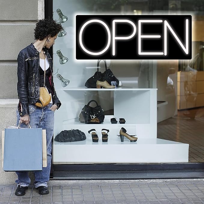 Open Signs for Business, LED Neon Open Sign 22 Inch 12V/2A Ultra Bright Lighted Open Sign Electric Light Up Open Sign for Business Storefront Window Glass Door Retail Shop Store Bar Salon Restaurant White