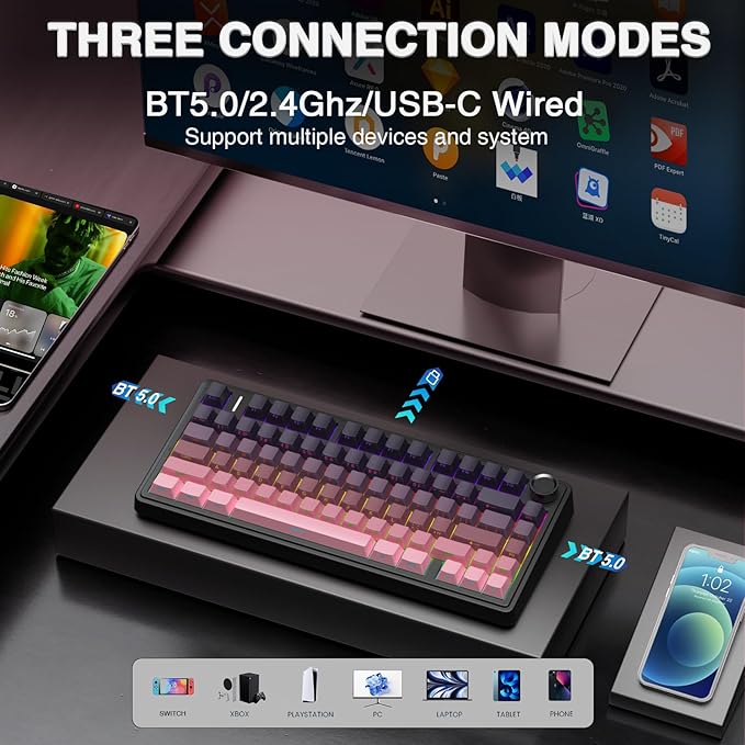 AULA F75 Pro Wireless Mechanical Keyboard,75% Hot Swappable Custom Keyboard,RGB Backlit,Pre-lubed Reaper Switches,Side Printed PBT Keycaps Mechanical Gaming Keyboards, Pink&Black