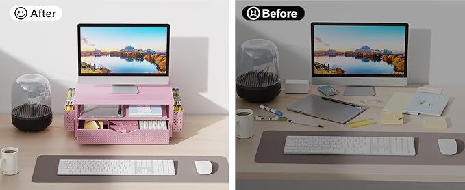 gianotter Wood Monitor Stand Riser, Desk Organizer with Drawer and 2 Pen Holders, 2-Tier Workspace Organizer for Office Supplies(Pink Wood)