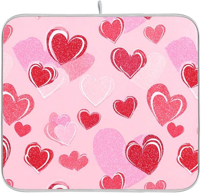 Happy Valentines Day Hearts Dish Drying Mat 16 X 18 Inch Stars Romantic Red Pink Glitter Love Heart Dry Dishes Pads Drainer Mats Tableware Protector for Home Kitchen Countertops Counter Decorations