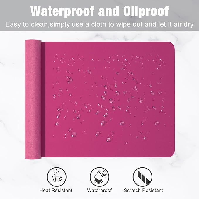 Hsurbtra Desk Pad, 23.6" x 13.8" PU Leather Desk Mat, M Extended Mouse Pad, Waterproof Desktop Blotter Protector, Non-Slip Ultra Thin Small Laptop Keyboard Writing Mat for Office Home, Bright Rose