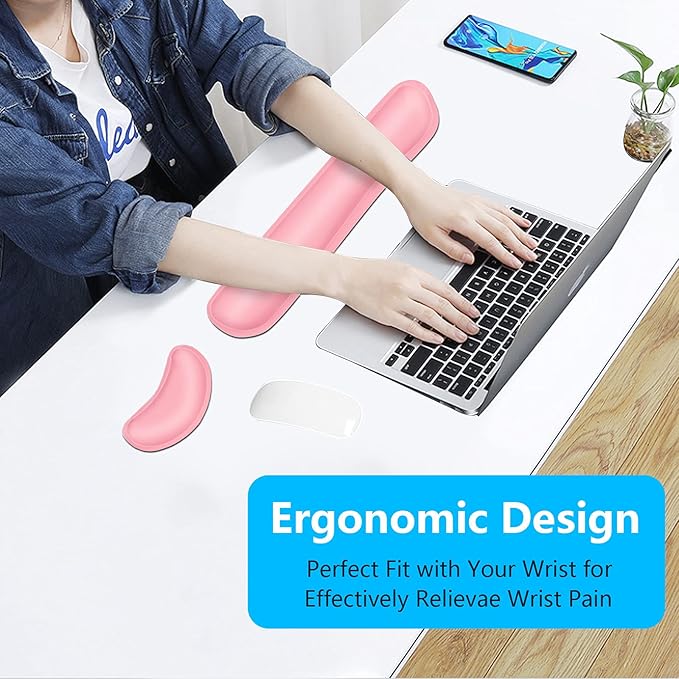 Dapesuom Keyboard Wrist Rest Set, Cute PU Leather Wrist Cushion for Computer Keyboard and Mousepad, Memory Foam Mouse Pad Rests Support with Non-Slip Base for Typing Pain Relief, Laptop, Pink