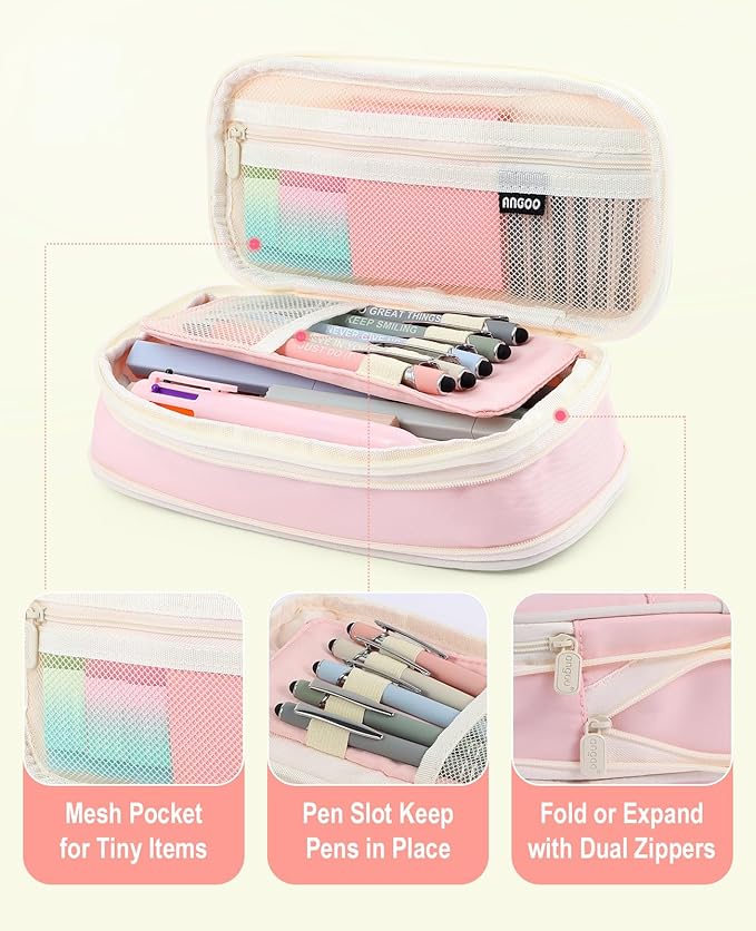 56 PCS Aesthetic School Supplies with Large Pencil Case, 5 Inspirational Ballpoint Pens, 12 Pastel Highlighters, 5 Black Ink Gel Pens, 6 Mechanical Pencils 0.5-0.7mm College Student Essentials (Pink)