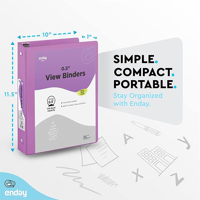 ½ Inch 3 Ring Binder Purple, .5 Inch Round Ring Clear View Cover with 2 Inside Pockets Binders, Colored School Supplies Binders, Also Available in Pink, Red, Green, Blue, and Grey (6 PC) – by Enday