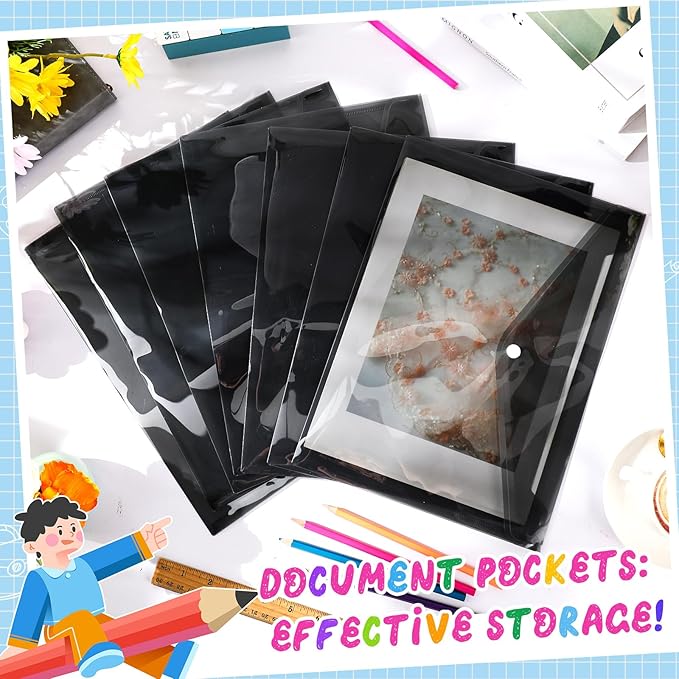 100 Pcs Clear Envelopes with Snap Button Closure Bulk A4 Letter Size Clear Plastic Envelope Folder Document Organizer File Folders for Office Home(Black)