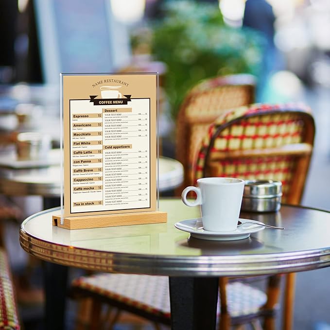 MaxGear L/T Shape Acrylic Sign Holder, 8.5 X 11 Clear Table Display Stand with Wooden Base, Flyer Menu Holder Photo Frames Paper Stand for Office, Wedding, Restaurants, Hotels 6 Pack