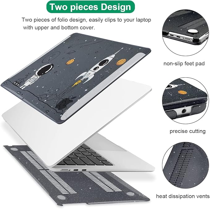 for 2025 MacBook Air 13.6 Inch Case M4 A3240 M3 A3113 M2 A2681 2022 2023 2024 Release, Glitter Black Printed Plastic Hard Shell Case for Mac Air M4 Chip Touch ID, Astronauts & Spacecraft