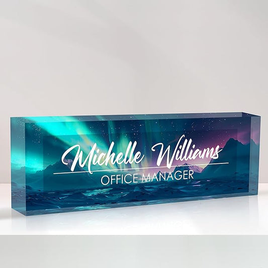 Personalized Name Plate for Desk, Custom Desk Name Plate, Acrylic Name Plate Office Desk Accessories, Personalized Office Gifts for Coworkers Teachers, Employee Appreciation Gifts (Blue Aurora)