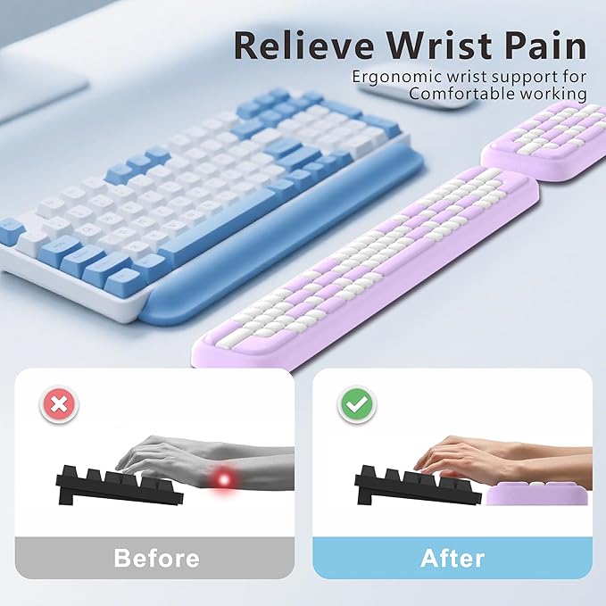 MEKASS Keyboard Wrist Rest, Ergonomic Wrist Pad, Soft Memory Foam Keyboard Hand Rest with Non-Slip Base, Easy Typing, Pain Relief, Comfort Support for Office Work Gaming Accessories (Purple White)
