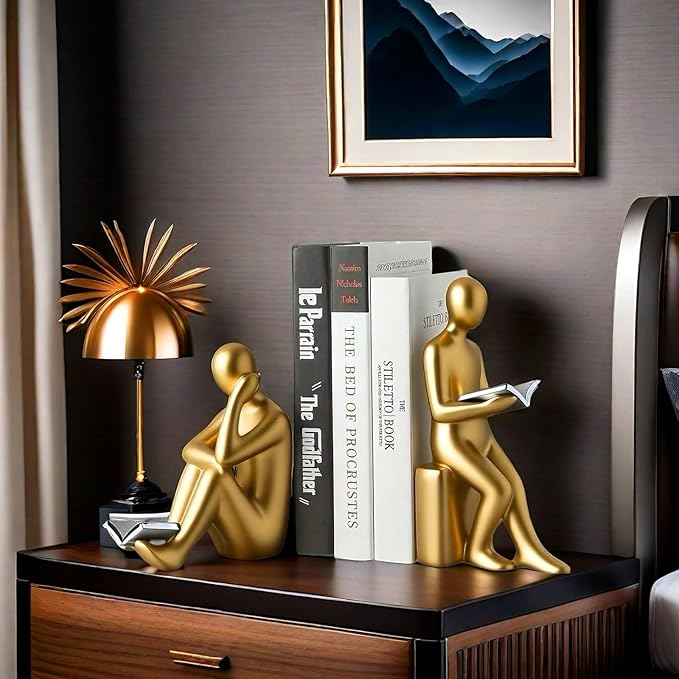 Home Decorative Reading Book Statue Bookends Elegant Resin Bookshelf Room Office Desk Decor,Paper Weights, Book Ends,Bookend Supports, Book Stoppers, Set of 2 (Gold and Silver)