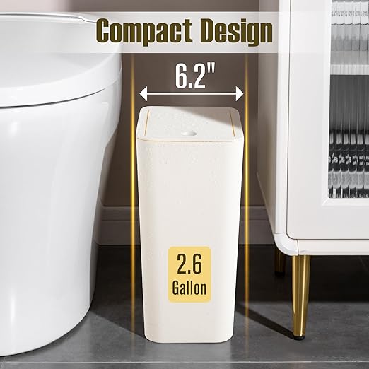 TrashAid 2 Pack Bathroom Trash Can with Lid, 2.6 Gallon / 10 Liter Small Garbage Can with Press Top Lid, Plastic Wastebasket with Pop-up Lids for Toilet, Office, Bedroom, Living Room, White