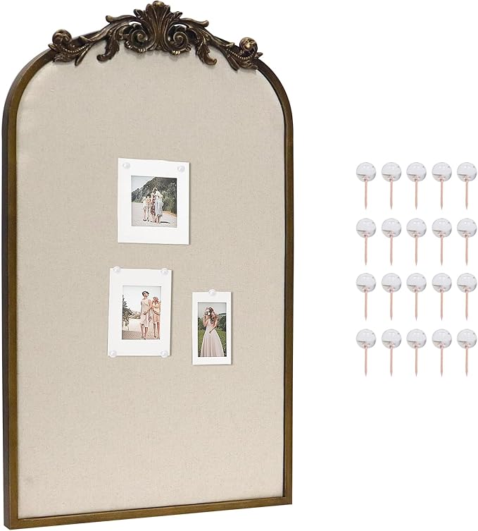 Arch Fabric Pinboard, Antique Gold Bulletin Boards 19"x31", Vintage Cork Board with Ornate Iron Frame for Wall Unique Display, Organization and Decor Options