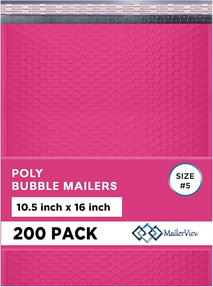 Hot Pink10.5x16 Inch Large Poly Bubble Mailers #5 | Padded Envelopes with Self Seal | Air Lined Cushioned Bubble Mailer | Usable Size 10.5x15 | 200 Pack Bulk | Lightweight shipping Bags