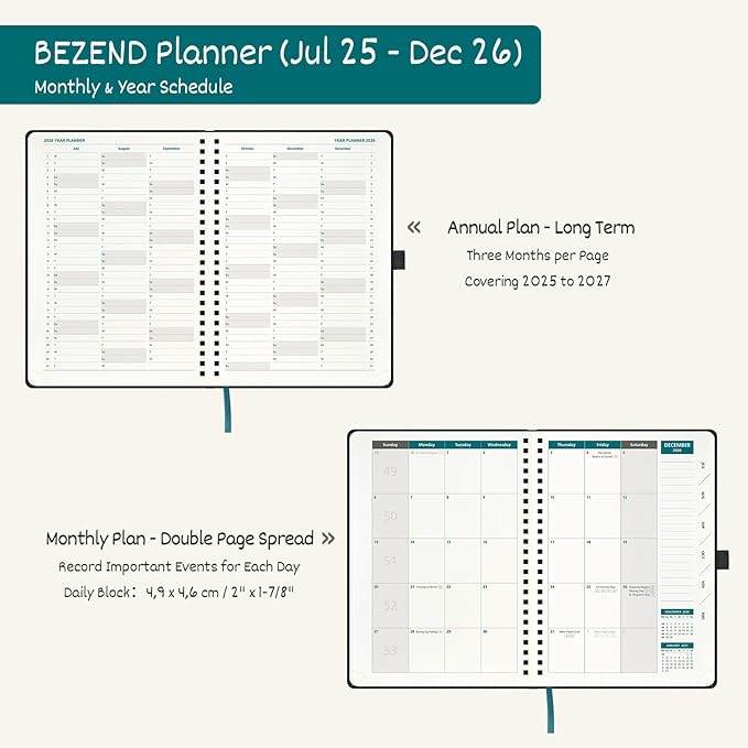 BEZEND 2026 Planner Weekly and Monthly (8.5" x 11"), Large 2-Column Calendar Book (Jul 25-Dec 26), Dual Schedule for Daily Appointment, Easy Track Tabs, Spiral, PU Leather Softcover, Dutch Blue