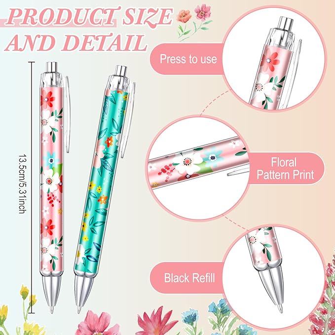 Thenshop 50 Pcs Floral Pens Bulk Flower Colorful Floral Flower Theme Gel Ink Ballpoint Pen Appreciation Gifts Party Favors for Friends Employee Office Holiday