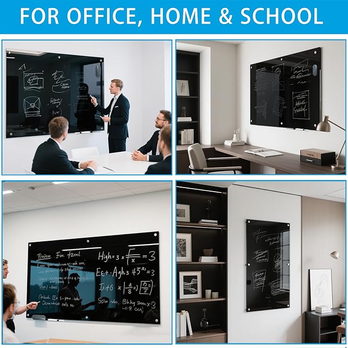 KIZZBY Glass Dry Erase Board - Magnetic Blackboard, 60"X36" Frameless Black Board Clear Glass Boards with Super Strong Magnets, Wall Mounted for Office, Classroom and Home